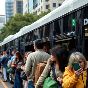 Public transport scene in Austin with diverse riders