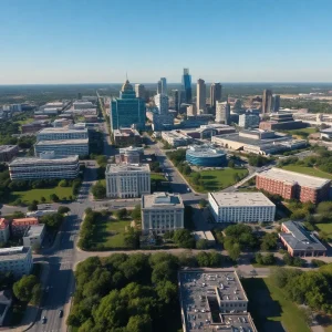 Aerial view of Austin showing urban developments and green spaces