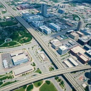 Aerial view of Austin Texas with transportation infrastructure