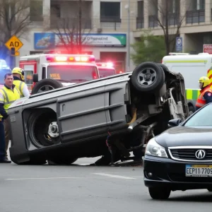 Emergency responders at a vehicle rollover accident scene in Austin.