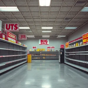 Empty Big Lots store with clearance sale signs