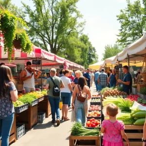 Families enjoying the Cedar Park Farmers Market with fresh produce and live music in the Bell District.