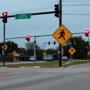 Empty intersection in Central Texas with caution signs