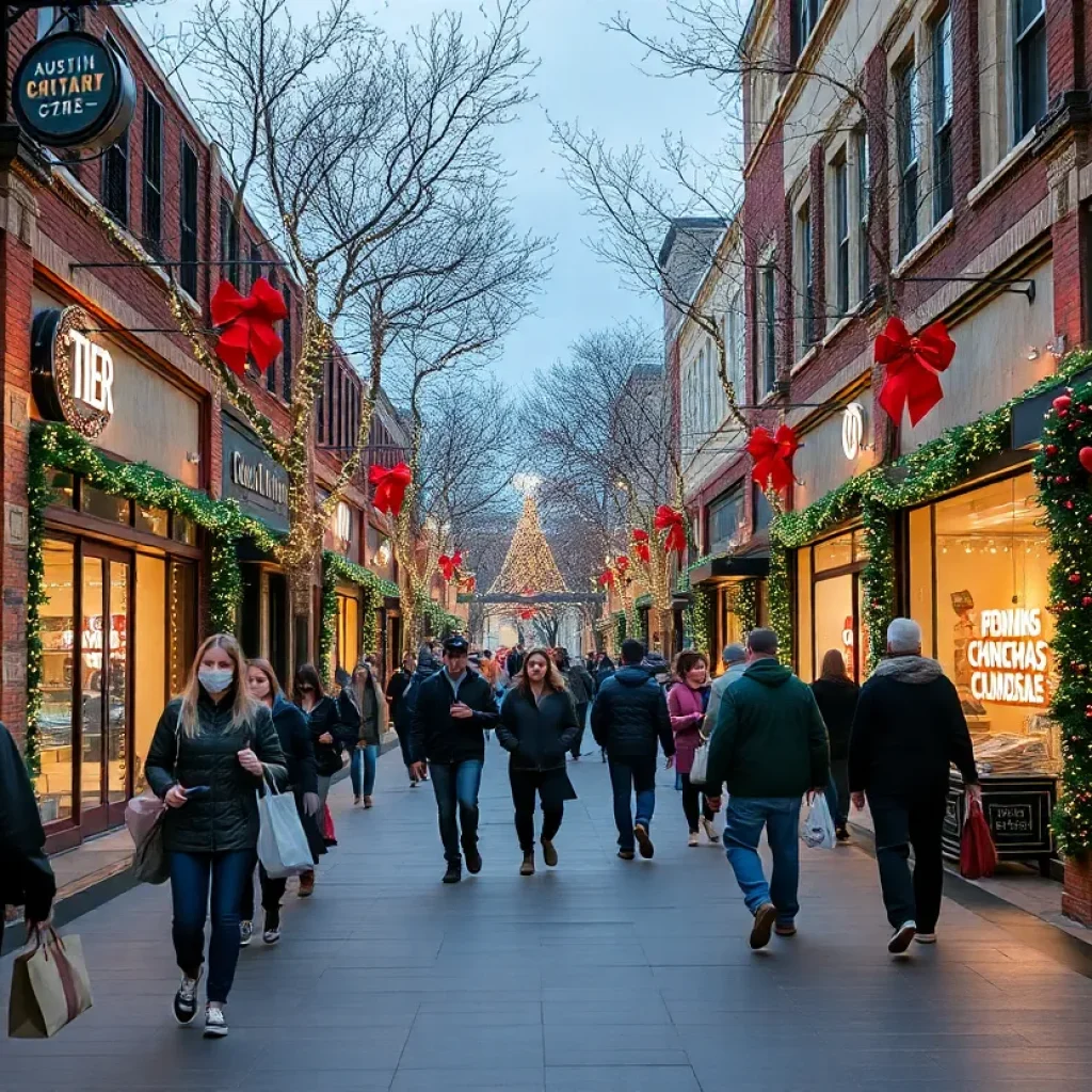 Last-minute Christmas shoppers in Austin surrounded by holiday decorations.