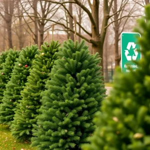 Community members recycling Christmas trees in Zilker Park, Austin.