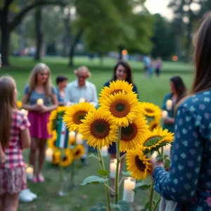 A serene park setting filled with flowers and candles during a remembrance event.