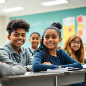 Diverse group of students in a classroom focusing on education.