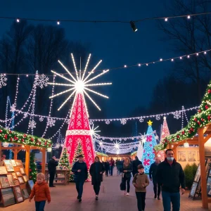 Families enjoying holiday festivities in San Antonio-Austin Metro Area with beautiful lights and decorations.