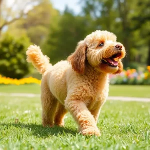 Golden doodle puppy playing outside in the park