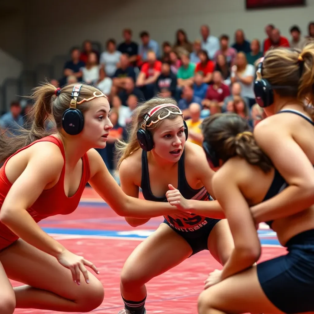 Female wrestlers competing in a championship match on a wrestling mat.