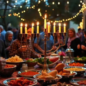 A vibrant menorah with lit candles and traditional Hanukkah dishes set in a festive atmosphere