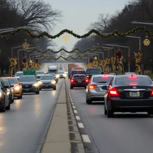 Busy holiday traffic on a roadway in Austin, Texas