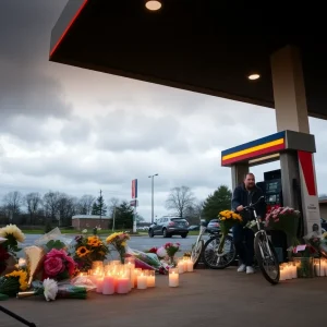 Memorial with flowers and candles at a gas station