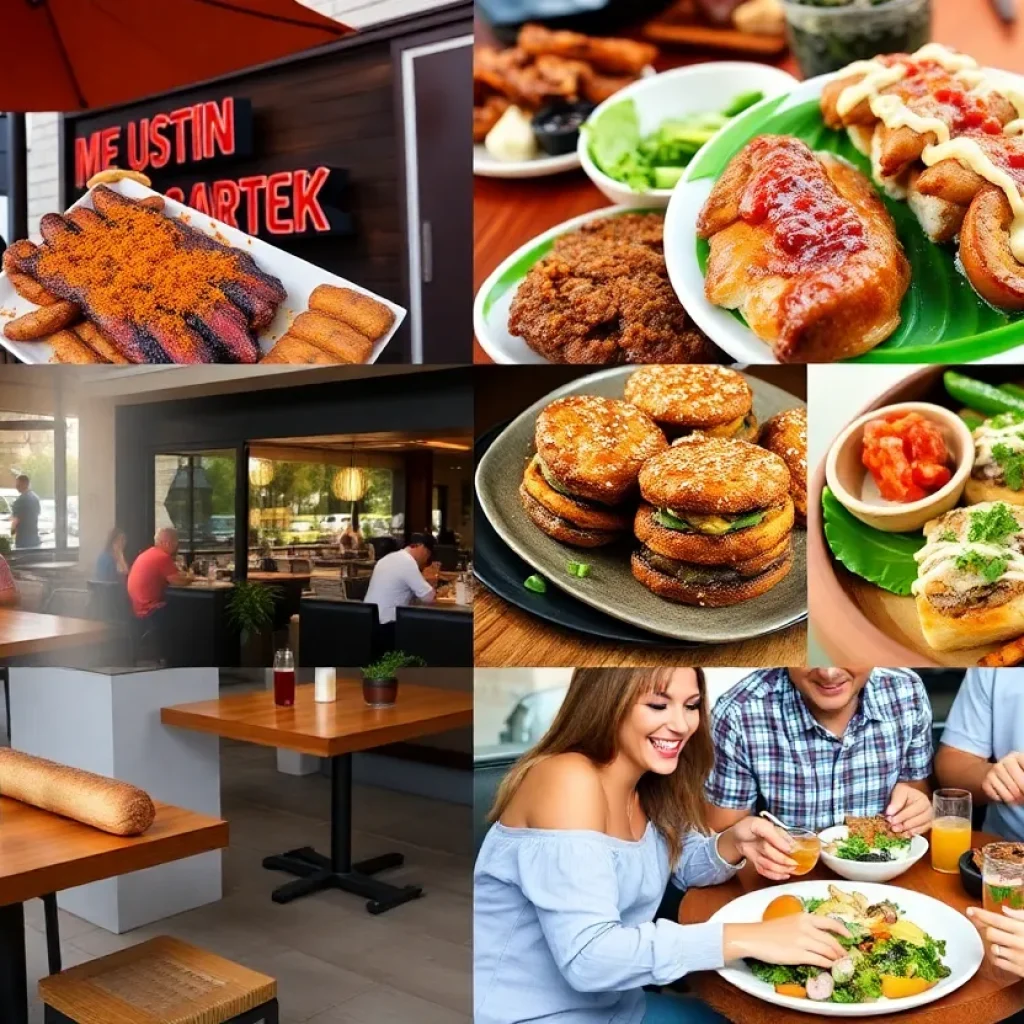 A collage of various new restaurants in Austin showcasing outdoor dining and diverse food offerings.