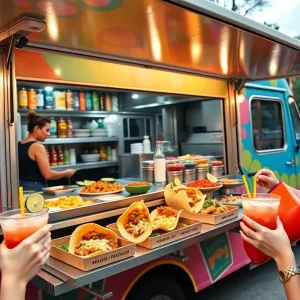 Taco truck Paprika ATX serving tacos under colorful awnings in Austin