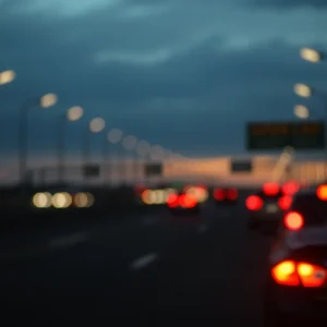 A highway during sunset with blurred tail lights, symbolizing road rage