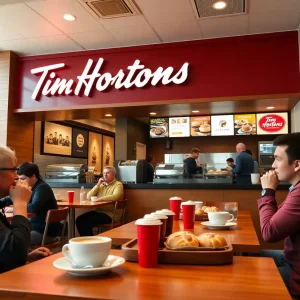 Customers enjoying their coffee at the new Tim Horton's franchise in Round Rock.