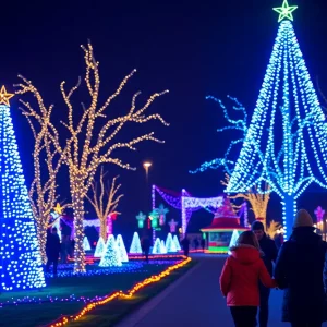 Colorful lights illuminating Zilker Park during the Trail of Lights event.