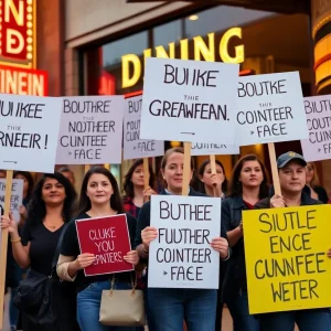 Employees picketing outside Alamo Drafthouse cinema