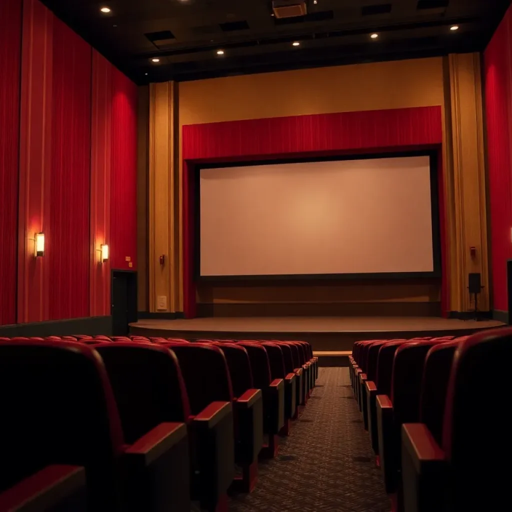 Interior of a closed Alamo Drafthouse theater with empty seats