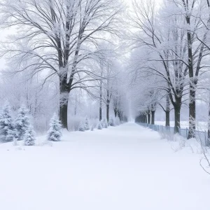 Winter landscape illustrating an Arctic outbreak with snow-covered trees and a frigid environment.