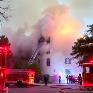 Firefighters extinguishing a fire at an apartment building in South Austin