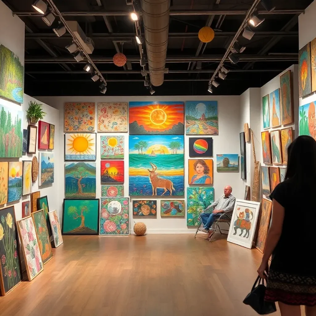 A showcase of vibrant artwork in an art gallery in Austin