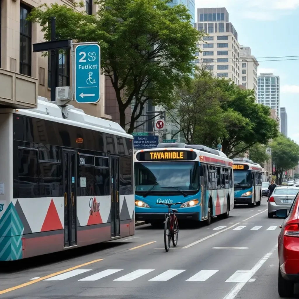 Downtown Austin scene with bikers and public transit