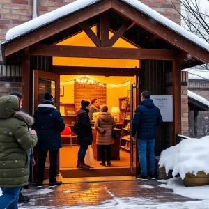 Cold weather shelter in Austin with people arriving