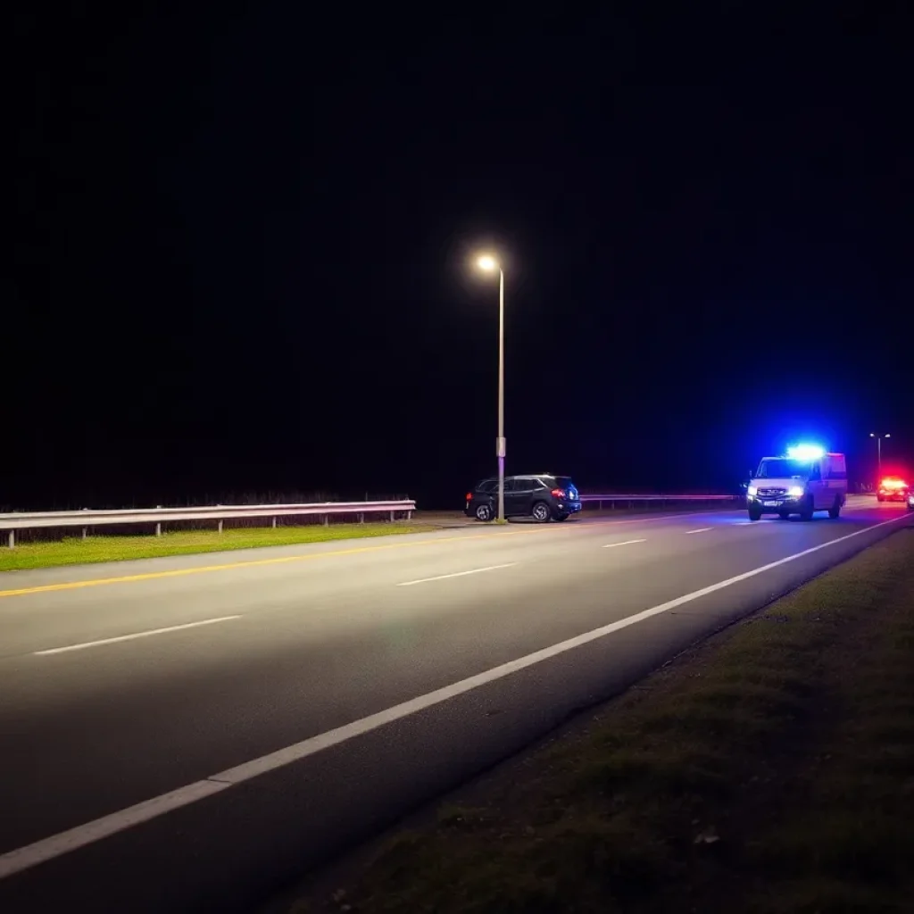 Emergency responders at a crash scene in Austin at night