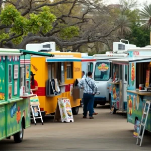 Food trucks lined up in an Austin street during daylight