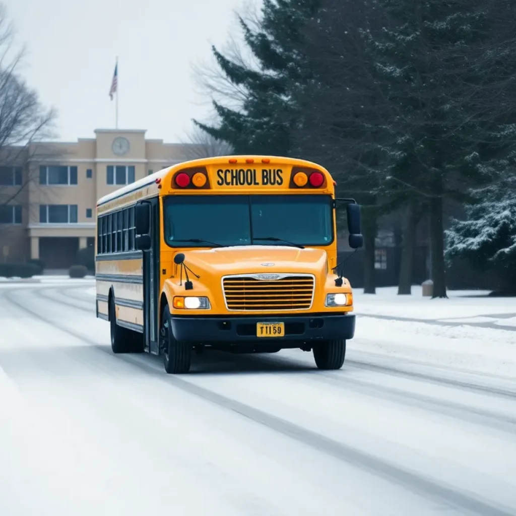 School bus in winter weather conditions in Austin