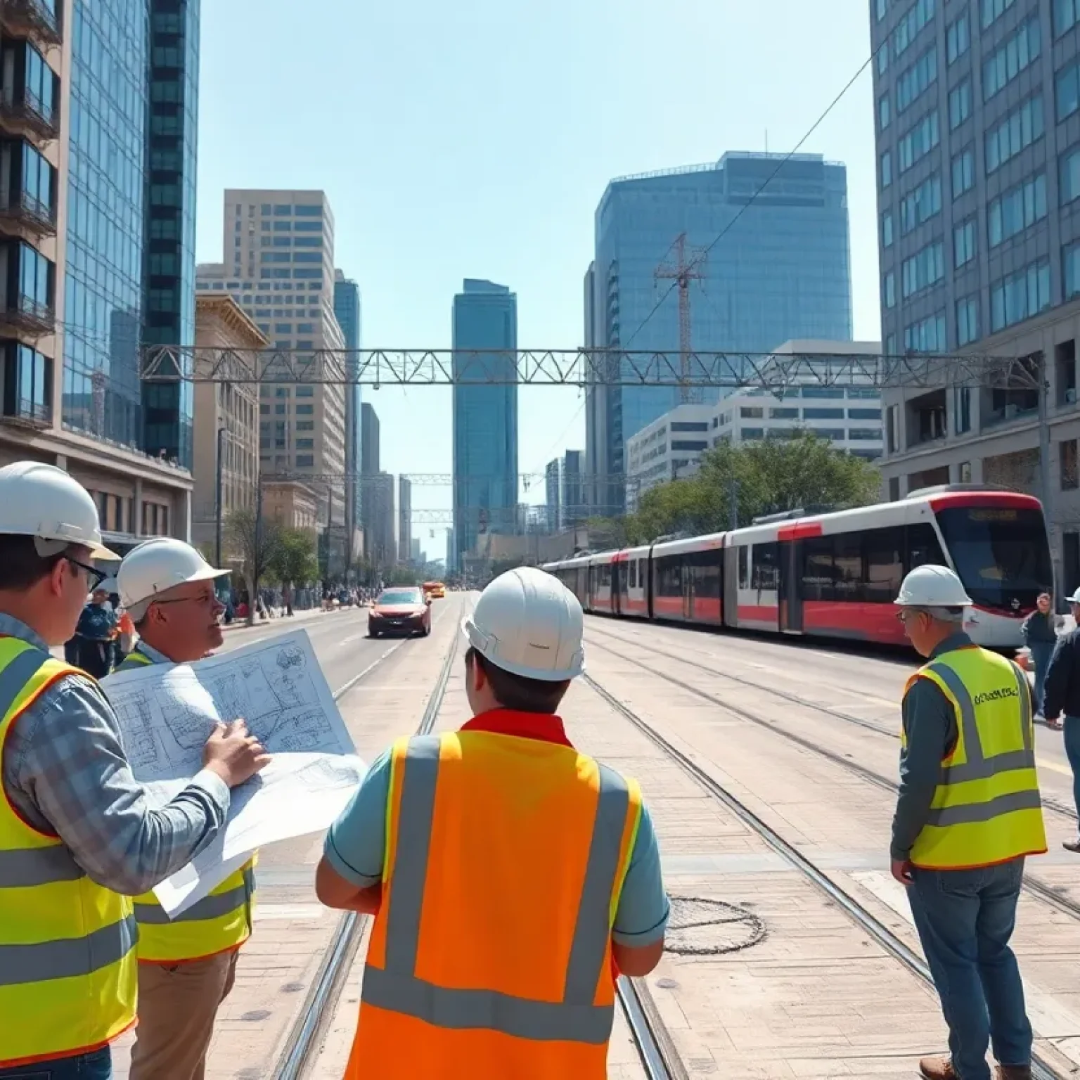 Construction scene depicting light rail system in Austin