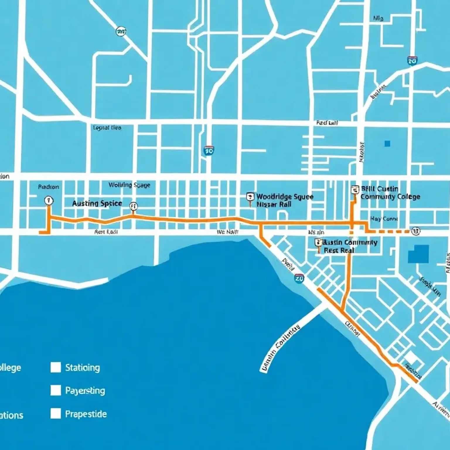 Proposed route of Austin's light rail system showing stations and key areas.