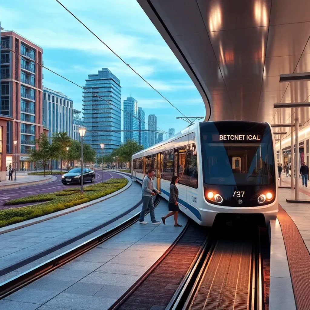 Conceptual design of Austin's light-rail project showcasing train and pedestrian areas.