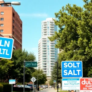 Downtown Austin apartment buildings with rental signs