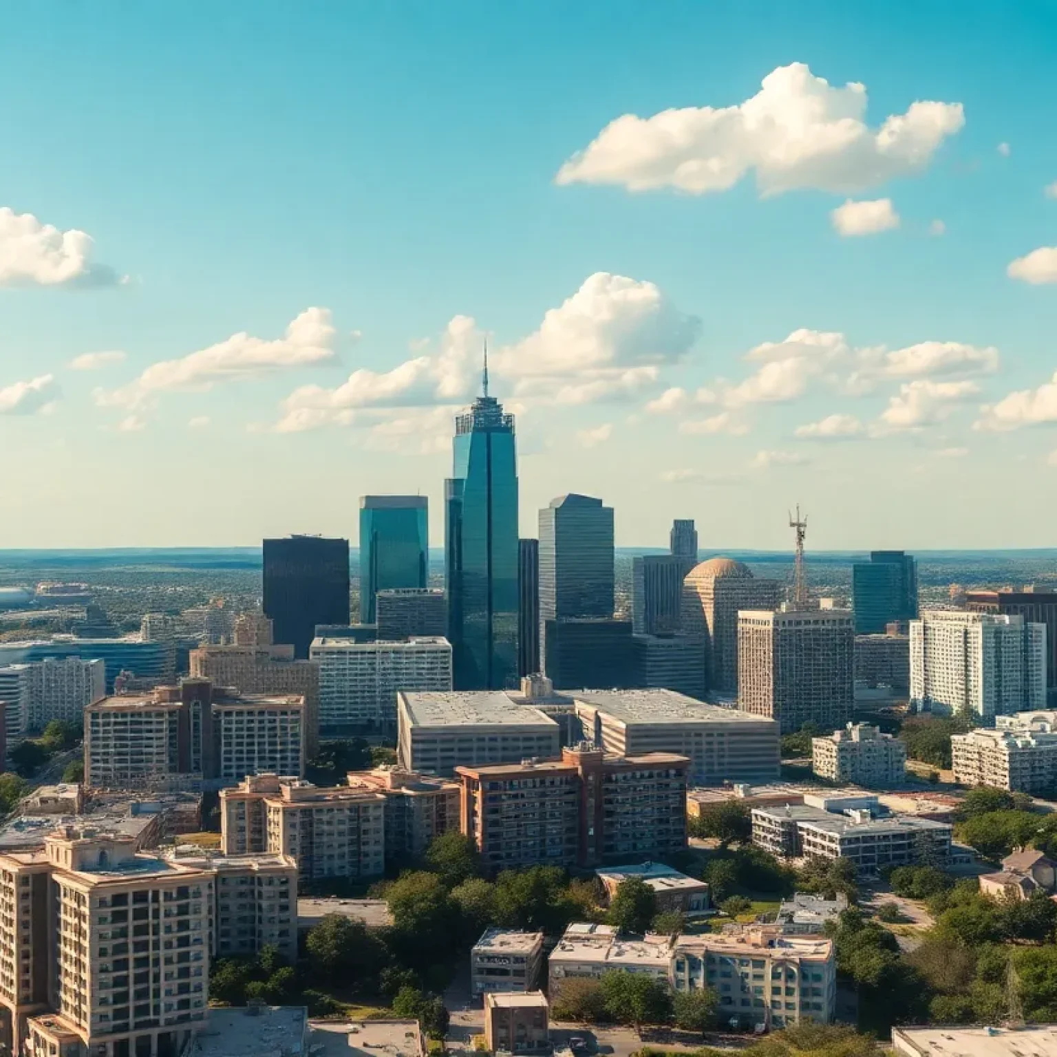 Aerial view of Austin's rental market with skyscrapers and apartments