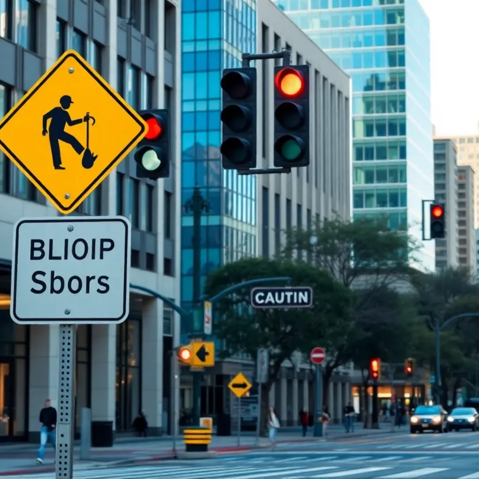 A busy street in Austin with pedestrians and vehicles, depicting the need for road safety.