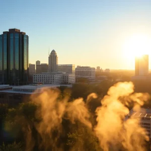 A panoramic view of Austin under the bright sun on a hot day.