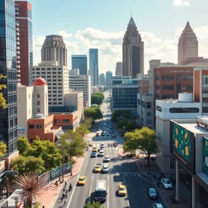 A panoramic view of Austin's skyline with tech-related icons and symbols