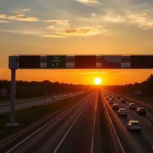 A view of Austin toll roads at sunset with vehicles