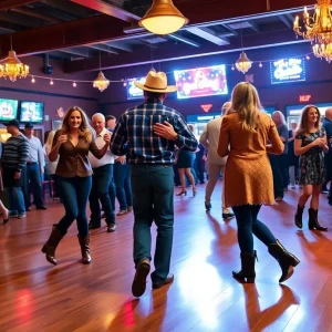 Couples dancing two-step in Austin's vibrant honky-tonk setting