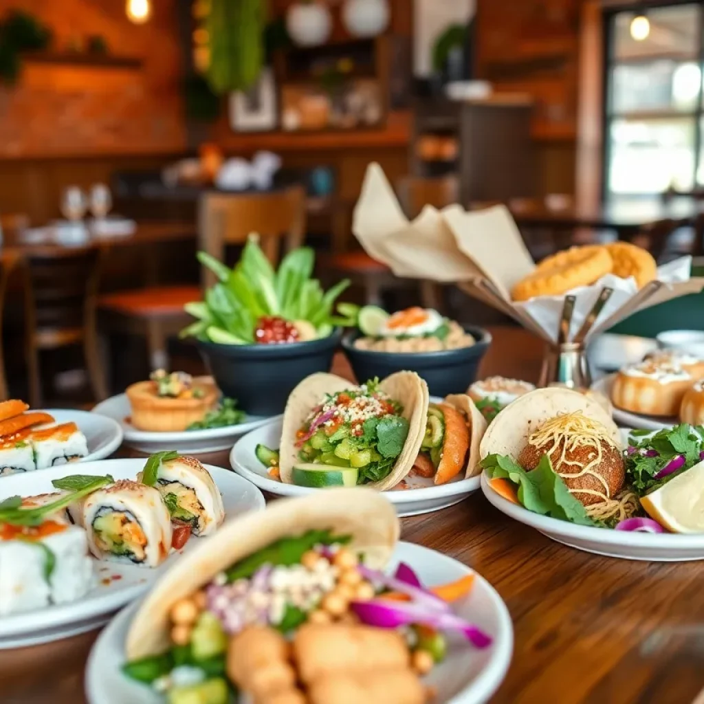 A table filled with diverse vegan dishes in an Austin restaurant