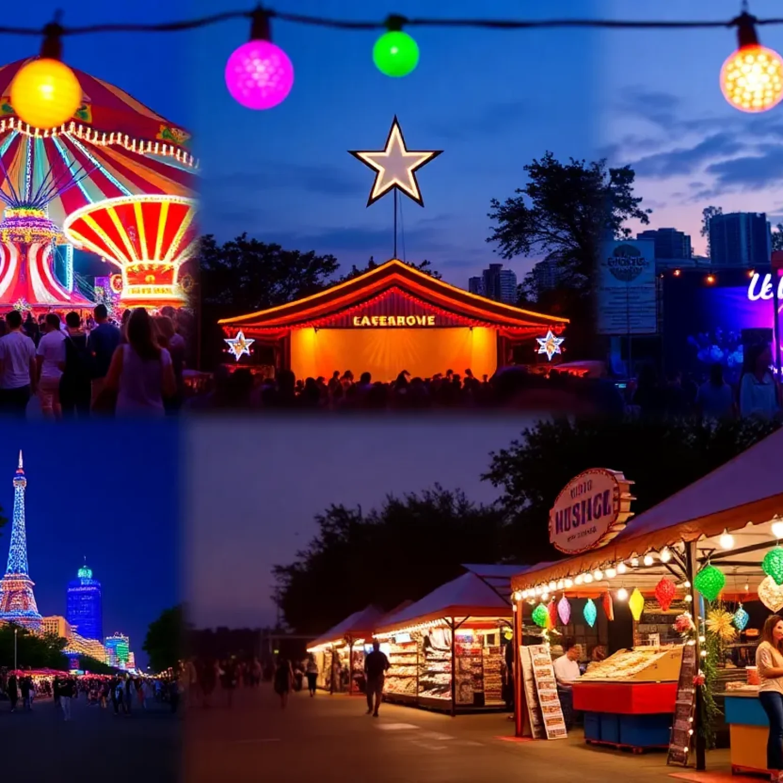 A vibrant display of weekend events in Austin, featuring a circus, concert, and outdoor market.