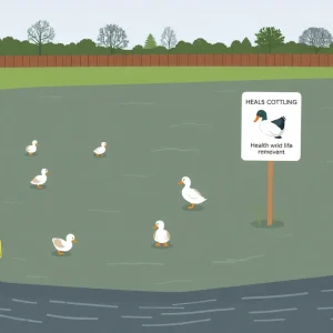 A pond in North Austin with ducks and health warning signs.