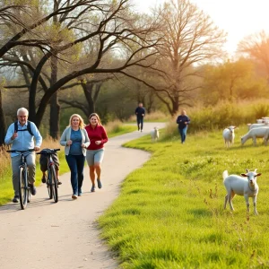 People enjoying the Butler Hike and Bike Trail with goats in the background.