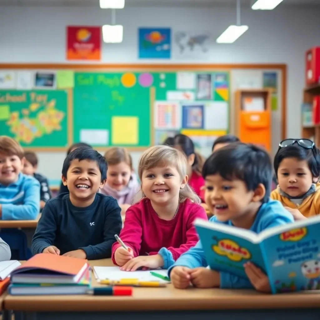 Classroom filled with engaged students and educational resources.