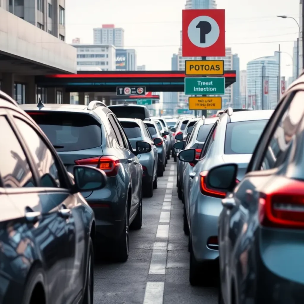 Cars waiting at a busy car inspection station in Central Texas.