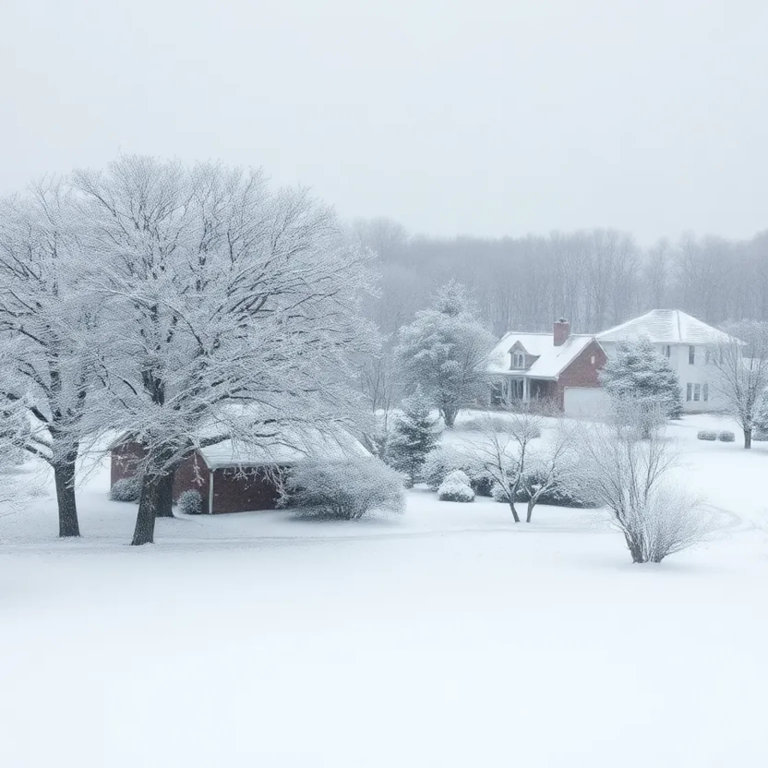 Snow-covered houses and trees in Central Texas