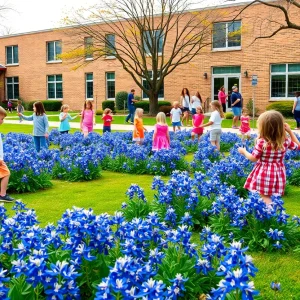 Children playing in a schoolyard surrounded by bluebonnets